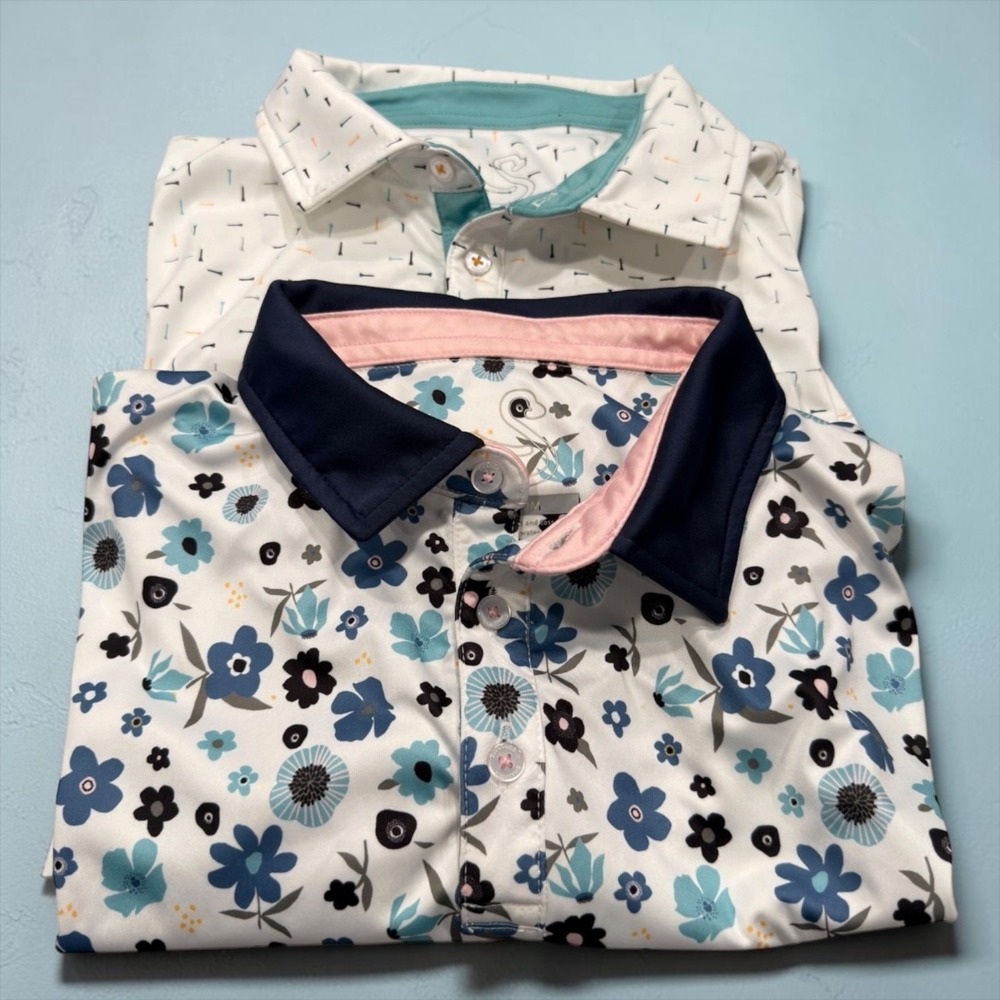 Swannies Floral Golf Polo Shirt Mens M White Blue Performance Short Sleeve